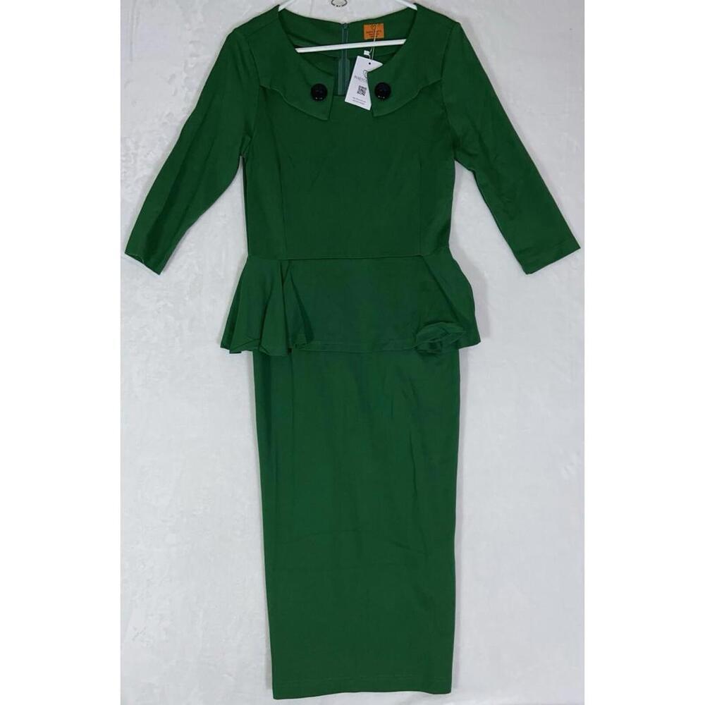 NWT MaryCrafts Green Retro Style Bodycon Work Peplum Tea Dress Size 12 New
